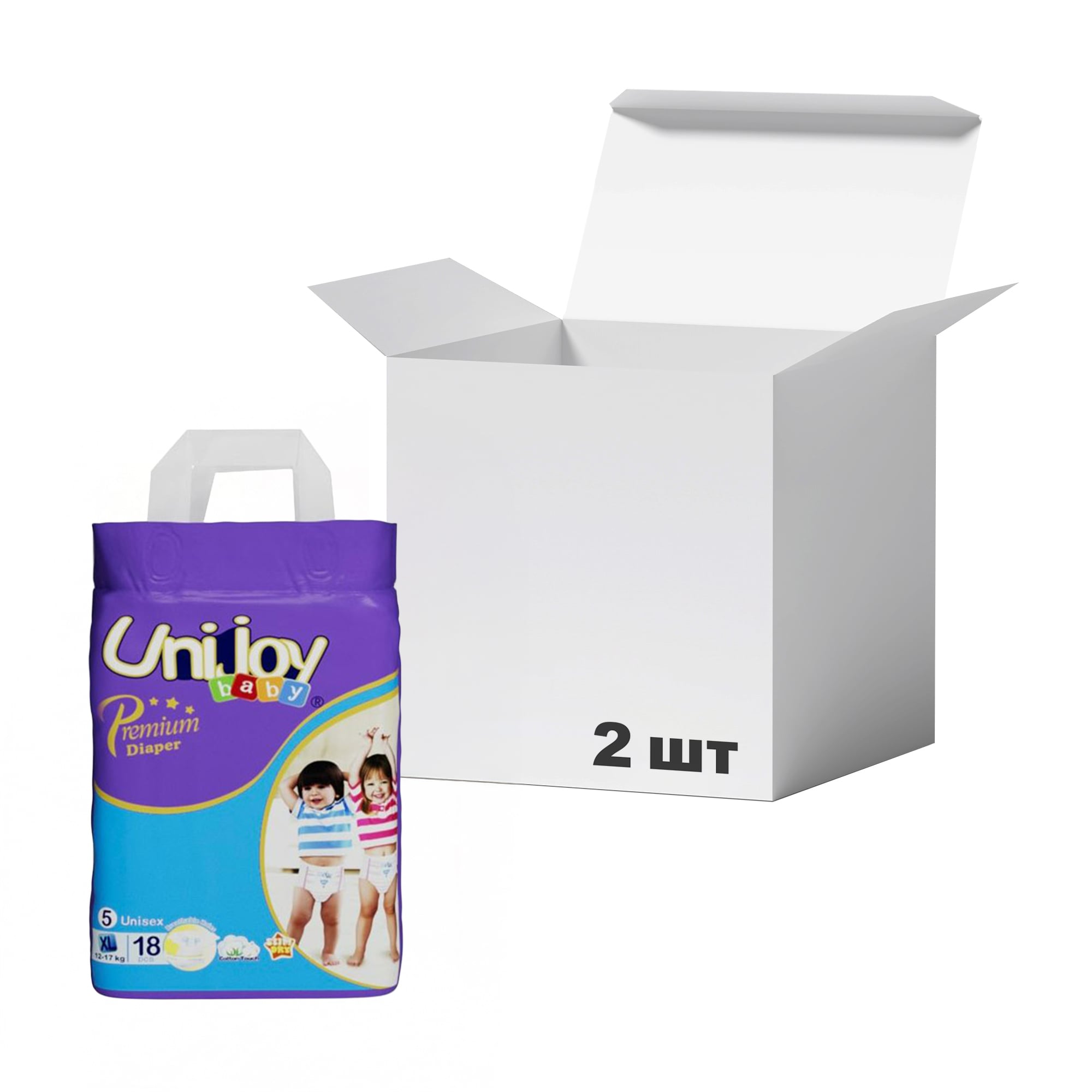 Упаковка підгузків Unijoy Premium Diapers розмір XL (12-17 кг), 18 шт * 2 шт